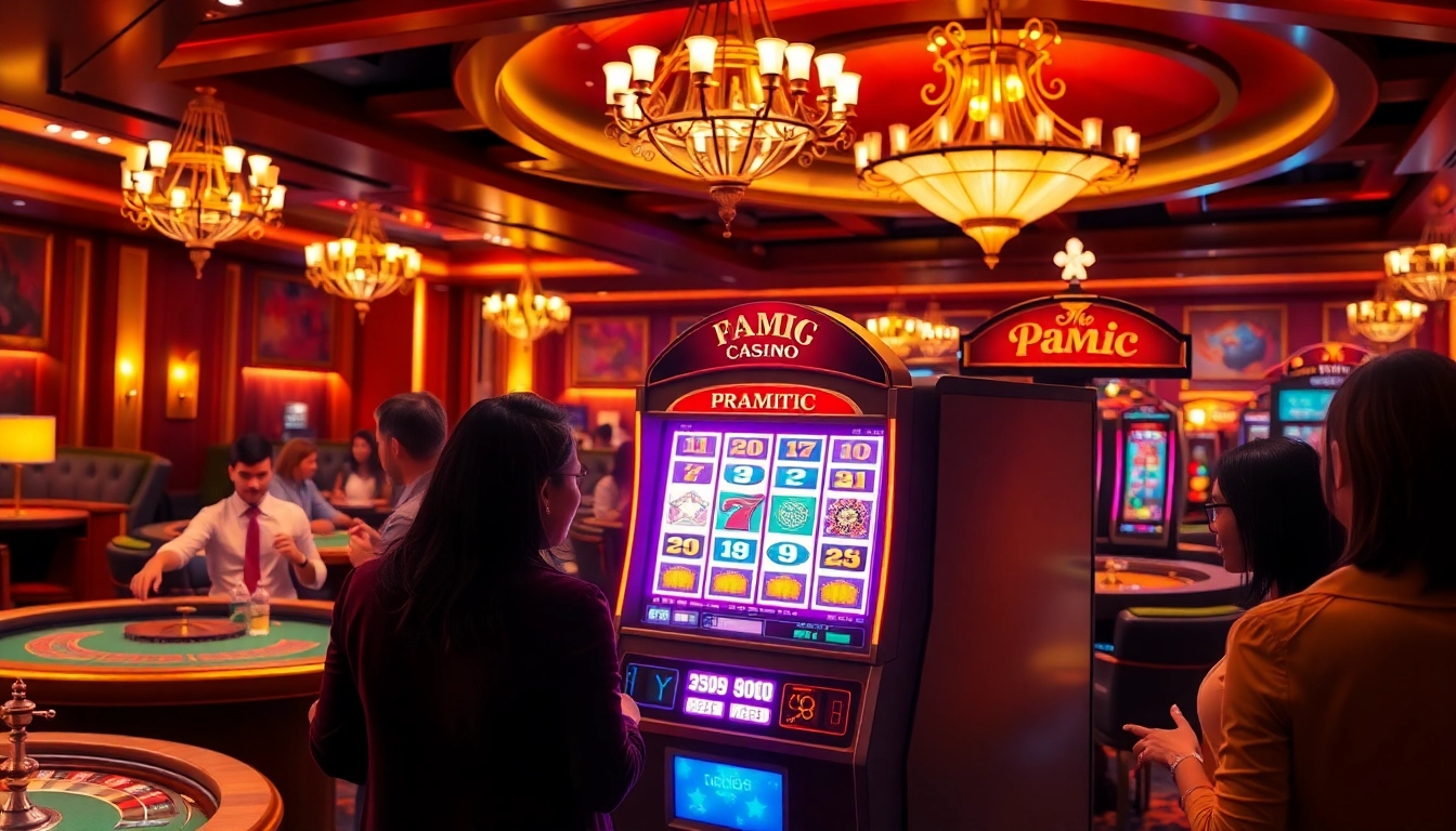 Players enjoying a vibrant pragmatic slot machine in a luxurious casino setting full of excitement.