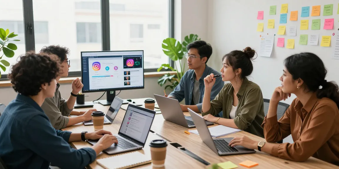 Team brainstorming strategies to buy targeted Instagram followers in a vibrant office