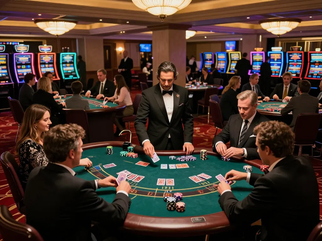 Engaged players at https://n188.build/ blackjack table placing strategic bets amidst a luxurious casino atmosphere