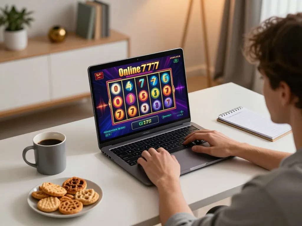 Player enjoying an engaging slot777 gaming session on a laptop at home, surrounded by strategy notes and snacks