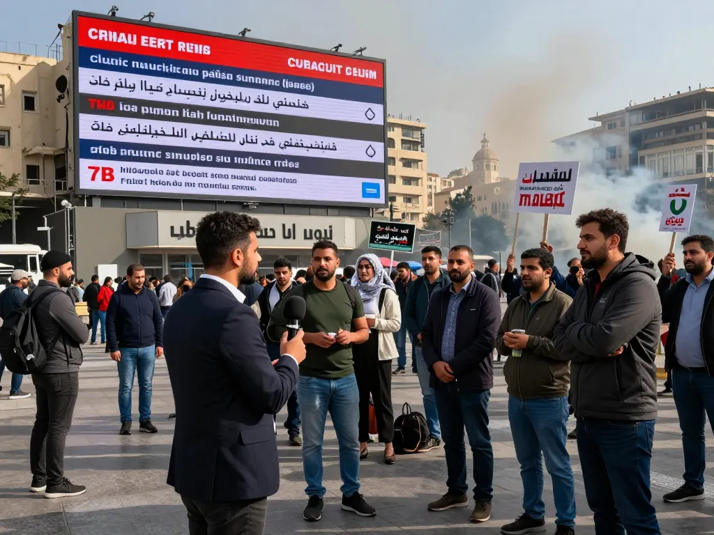 On-the-ground news coverage of the Middle East crisis in 2026, showing a journalist interviewing citizens amidst urban unrest.