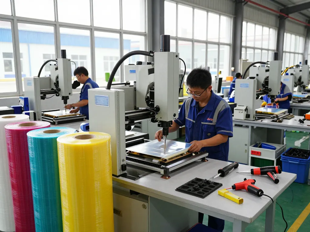 bóc ép plastic hưng yên worker operating laminating machine in vibrant industrial setting