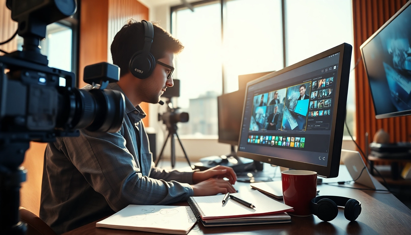 Visualize a video strategy with a videographer engaged in editing footage in a dynamic setup.