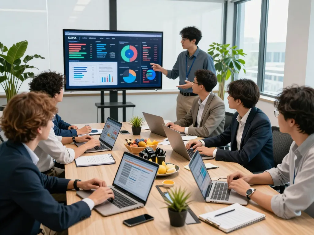 合同会社SUMXチームがマーケティング戦略について現代的なオフィスで協力している。