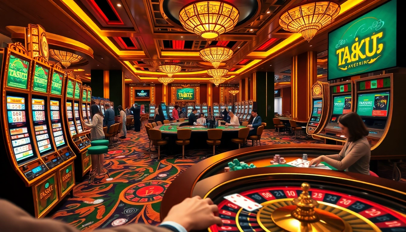 KJC gaming excitement with luxurious casino tables, vibrant slot machines, and players engaged in thrilling actions.