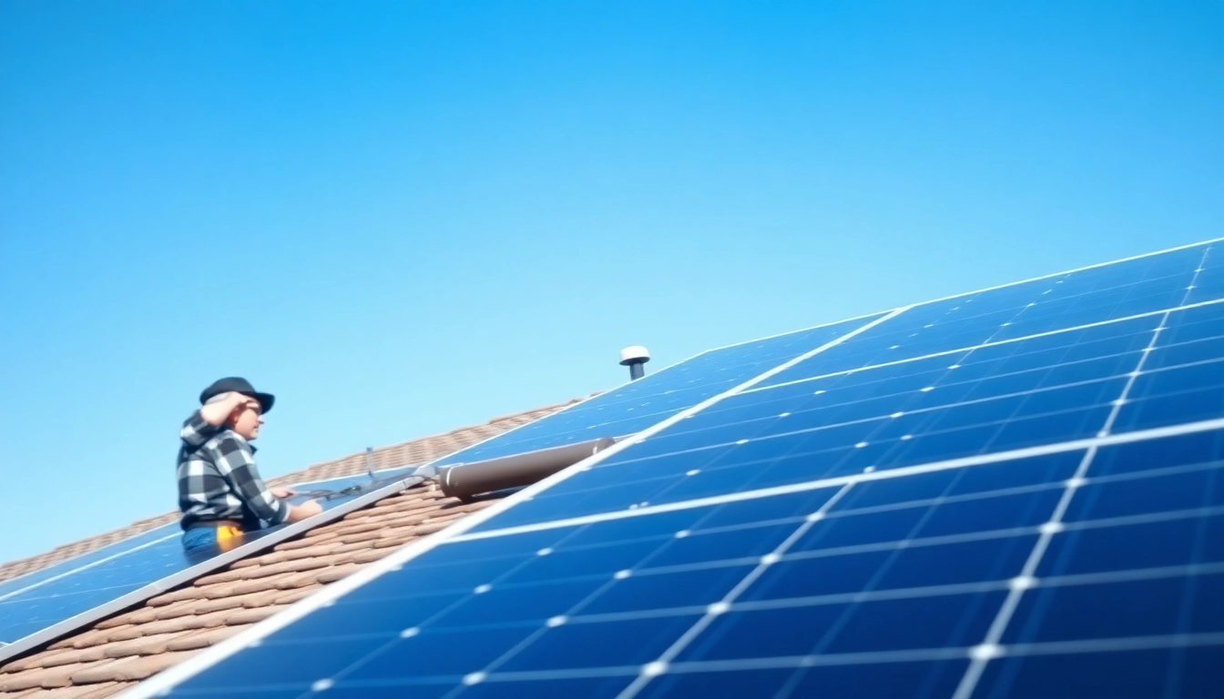 Piped Up technician installing solar panels on a modern roof with a blue sky backdrop.