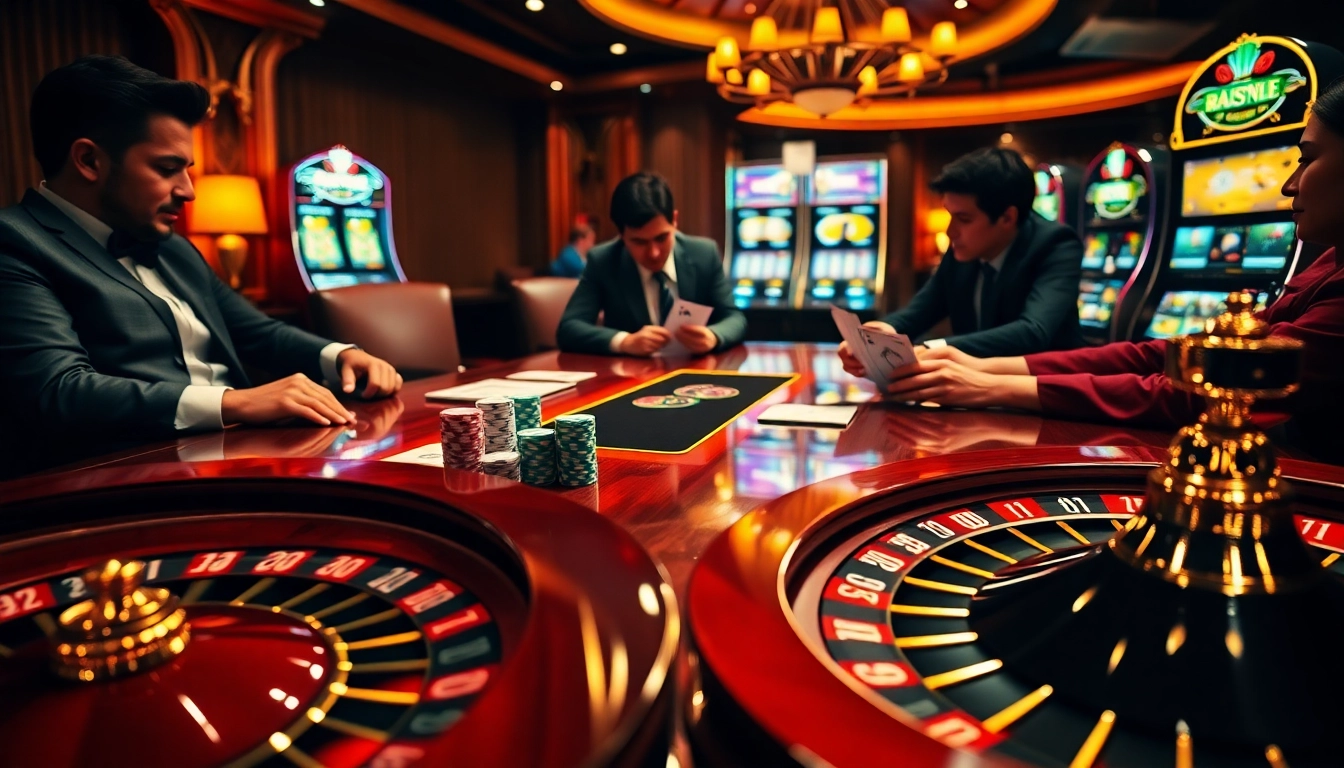 Découvrez l'excitation du casino en ligne avec des tables de poker élégantes et des jetons de poker vibrants.