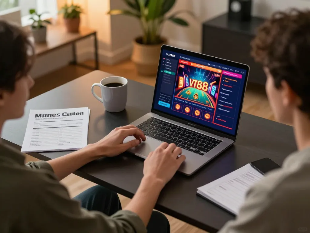 vt88 player engaged in responsible online gambling session at home, showcasing a modern setup