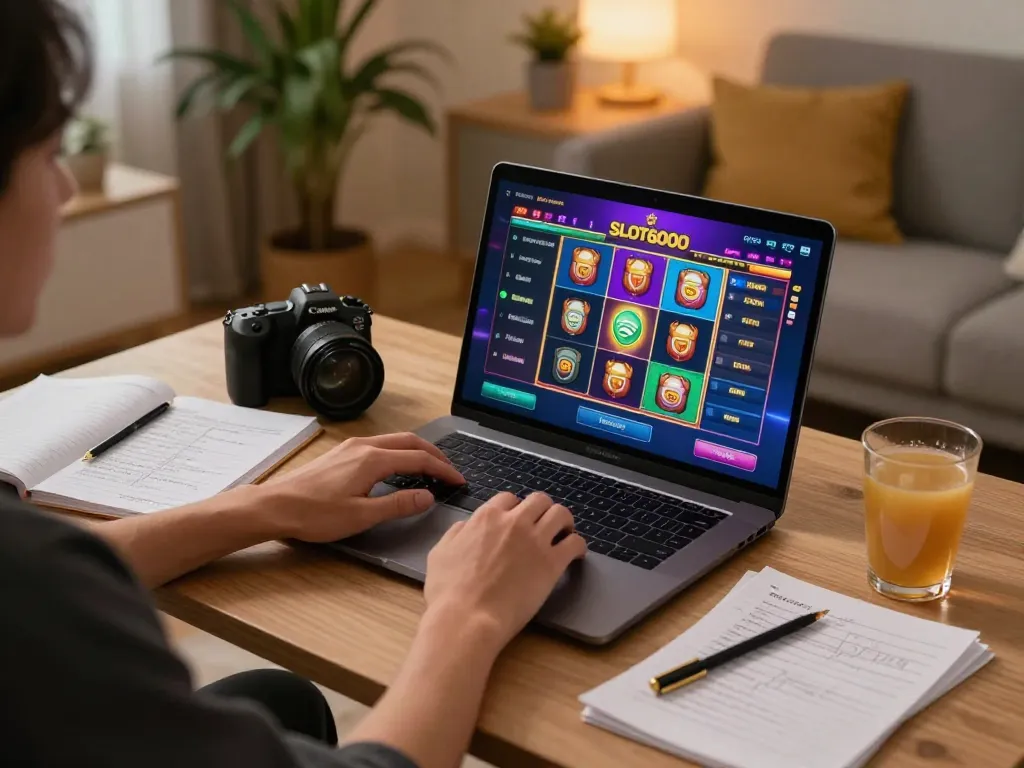 Enjoy dynamic gameplay on SLOT6000 with colorful graphics displayed on a laptop in a cozy home setting.