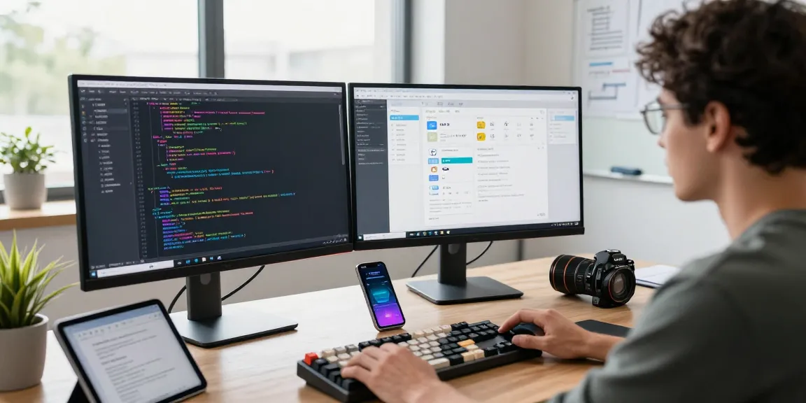 Efficient workspace showcasing 截图软件下载 in a modern tech environment with dual monitors, coding, and design tools.