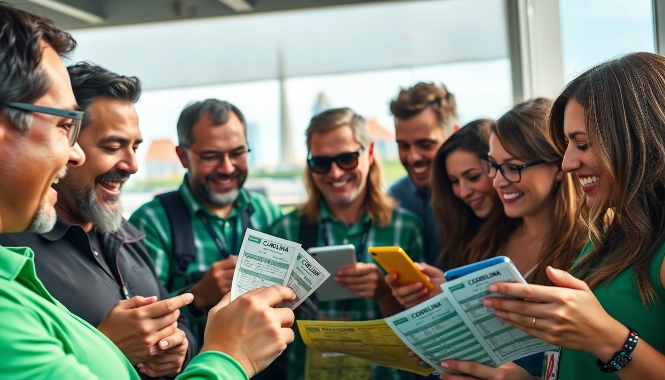 Engaged fans discussing South Carolina sports betting surrounded by vibrant betting slips and phones.