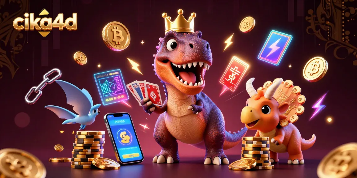 cika4d presents a playful T-Rex shuffling cards with assistance, immersed in a vibrant crypto casino scene.