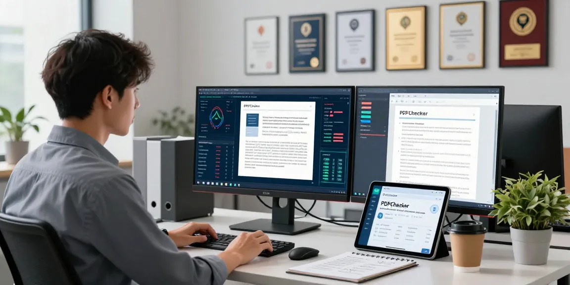 Detect PDF fraud with AI tools in a high-tech office, showcasing advanced analysis.