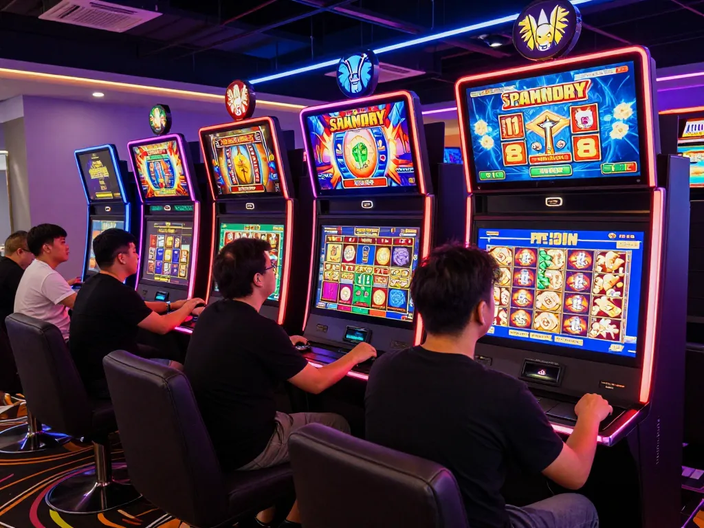 Suasana perjudian online yang menarik dengan pemain menikmati permainan slot gacor, lingkungan digital yang hidup.
