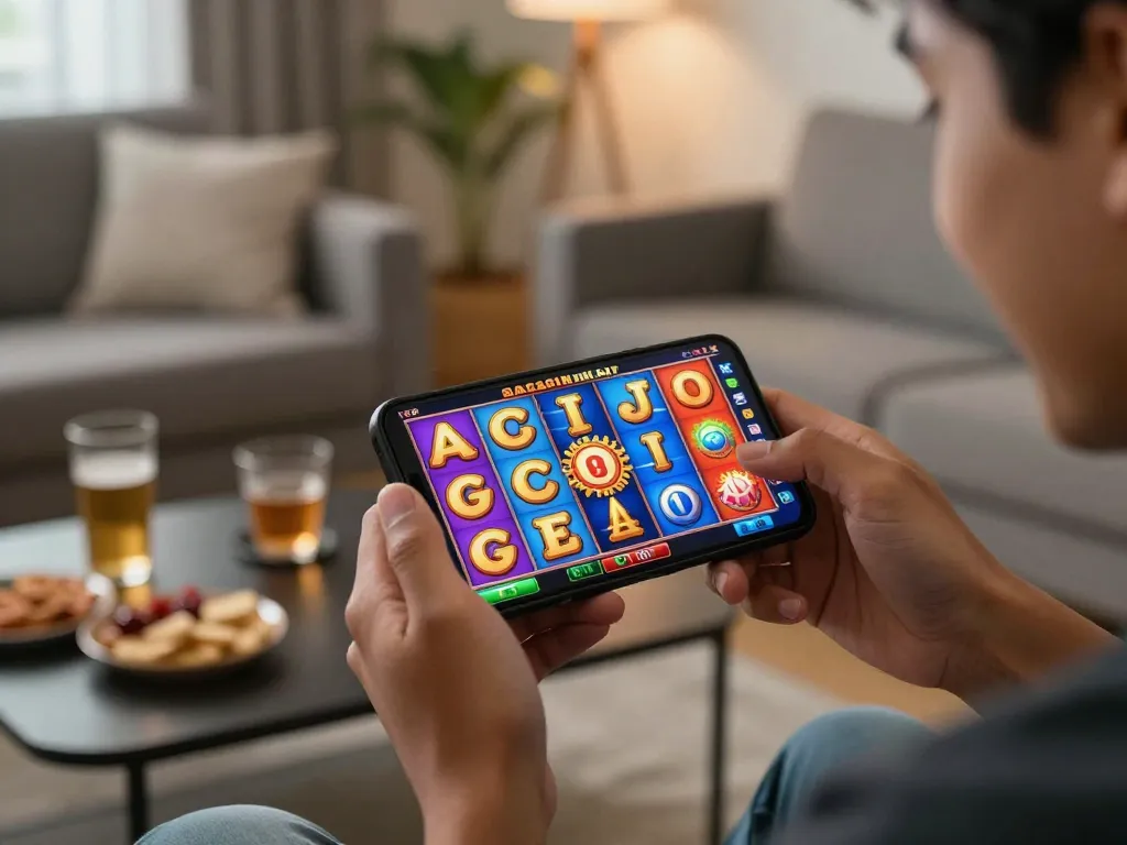 Engaged player experiencing slot gacor excitement on a smartphone during online gaming session