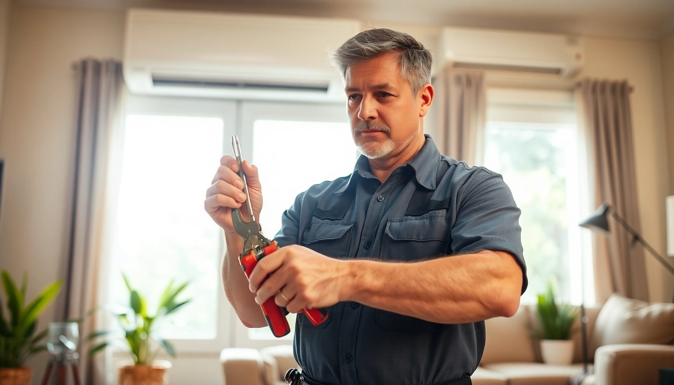 HVAC Repair Tampa: Professional technician repairing an air conditioning unit in a cozy living room.