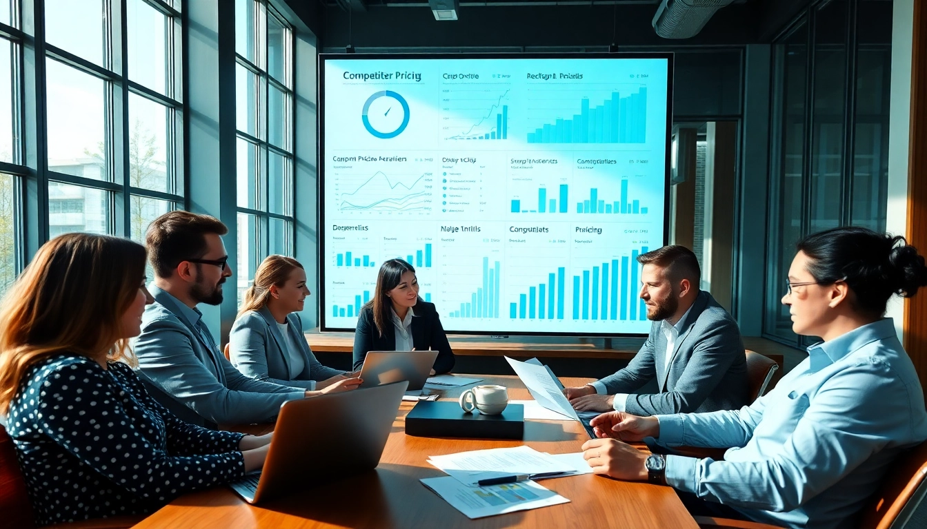 Visualize how to find competitor pricing with professionals analyzing data in a bright office.