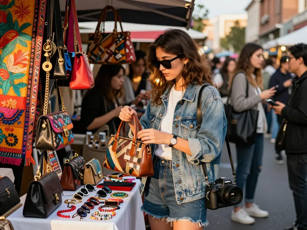 Fashionable woman exploring 레플리카 handbags in a vibrant market setting