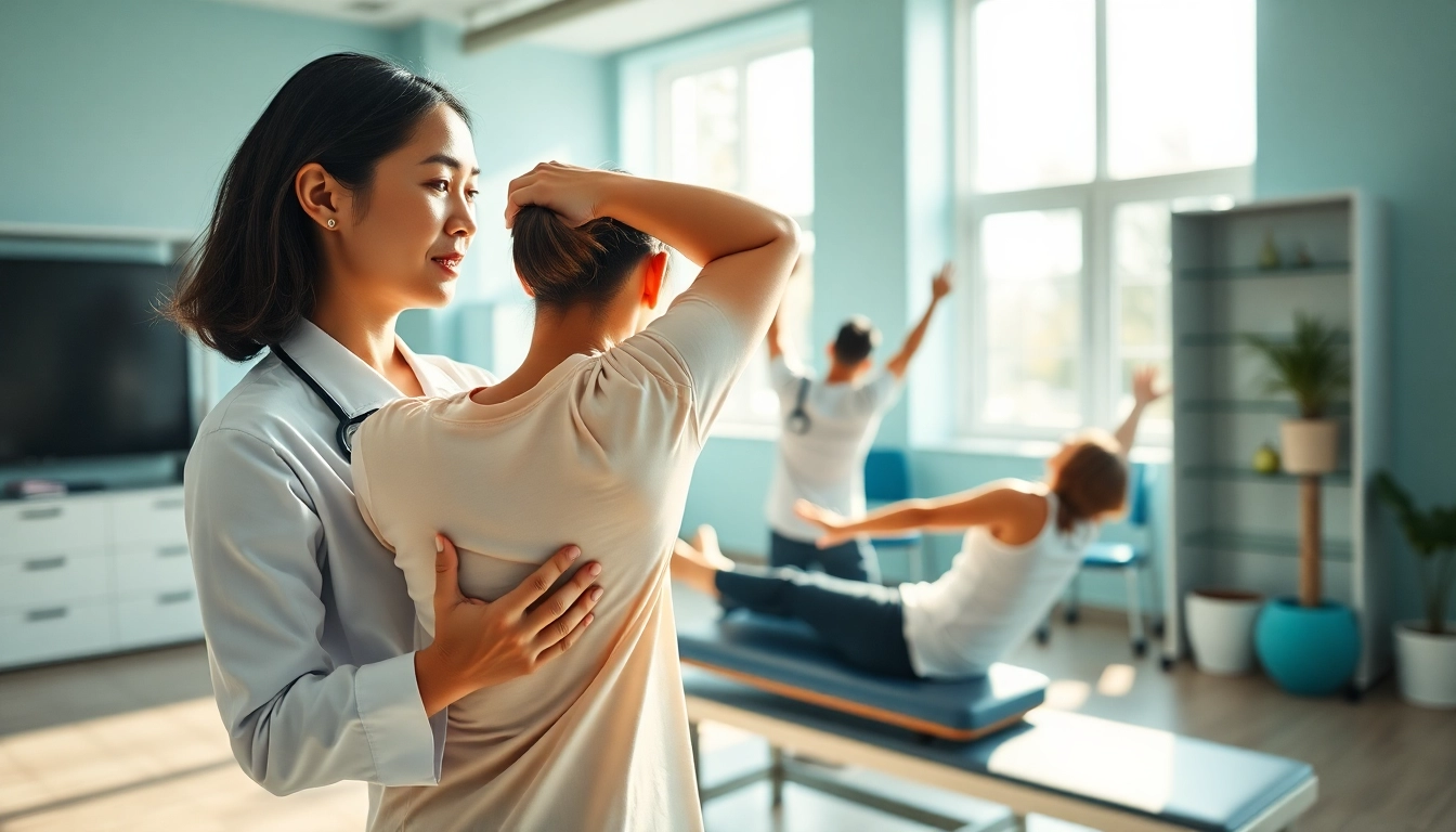 Therapist demonstrating back pain remedies with a patient in a modern clinic setting.