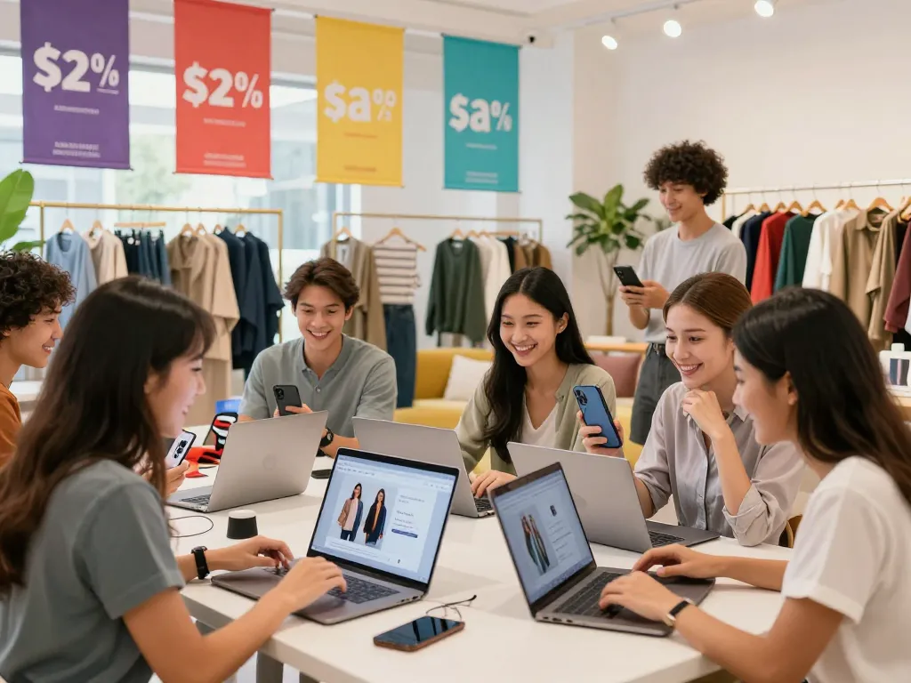 Engaging online shopping experience showcasing friends browsing new products at https://hubet88.icu/.