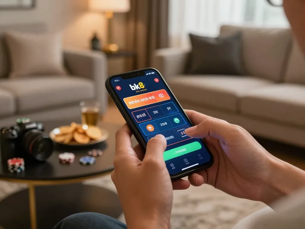 Engaging with bk8 เครดิตฟรี options on a smartphone during a cozy home gaming session.