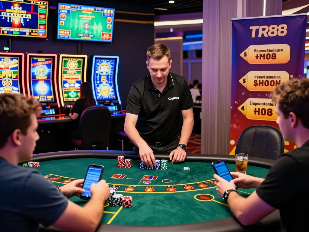 Engaging live casino scene at TR88 with professional dealer and interactive gaming set-up