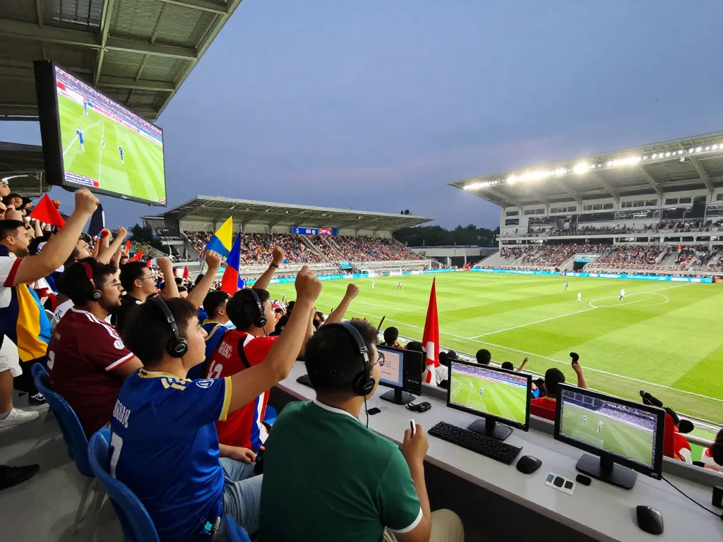 Exciting football fans watching live streaming on https://luongson117.tv/ during a vibrant match.
