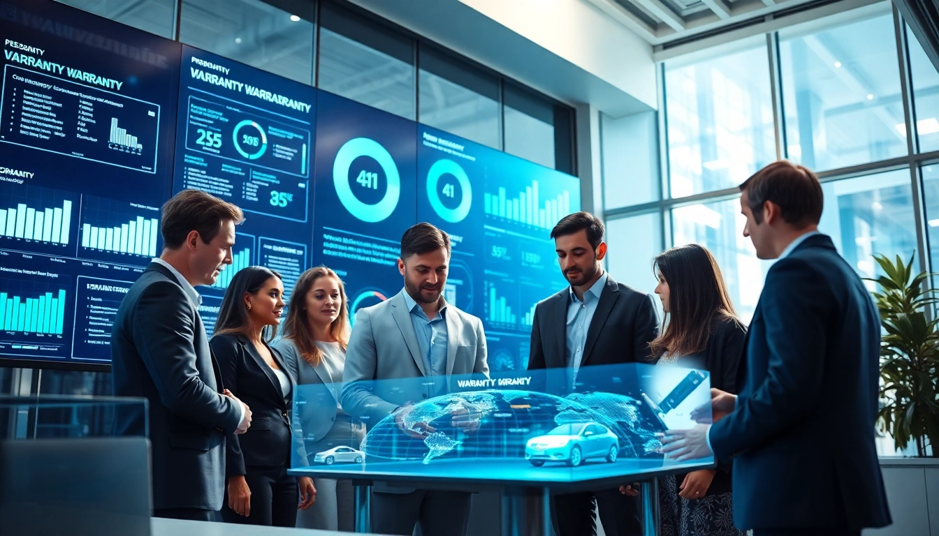 Showcasing a dynamic AI powered warranty company workspace with professionals collaborating on digital analytics.