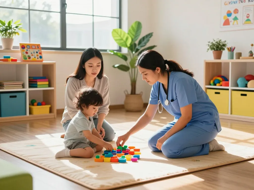 Child engaged in therapy with caring therapist at Advantage Therapy, showcasing sensory play and supportive growth.