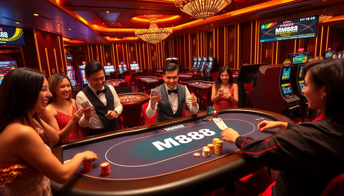 Experience the excitement of MM888 with gamblers at a luxurious poker table winning big.