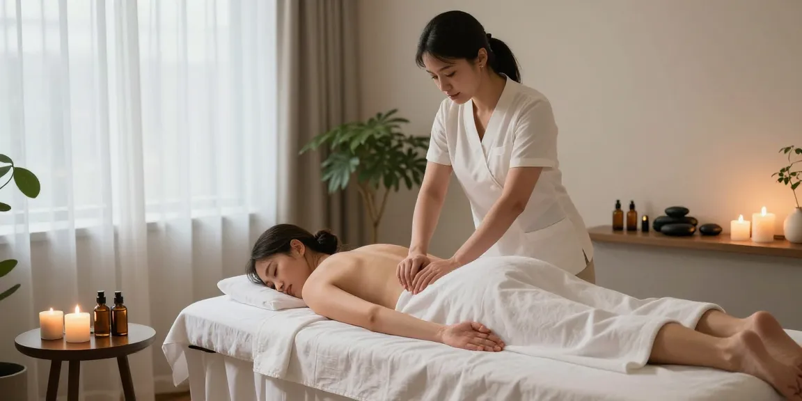 마사지 받는 모습과 아로마 오일을 배치한 편안한 스파 분위기