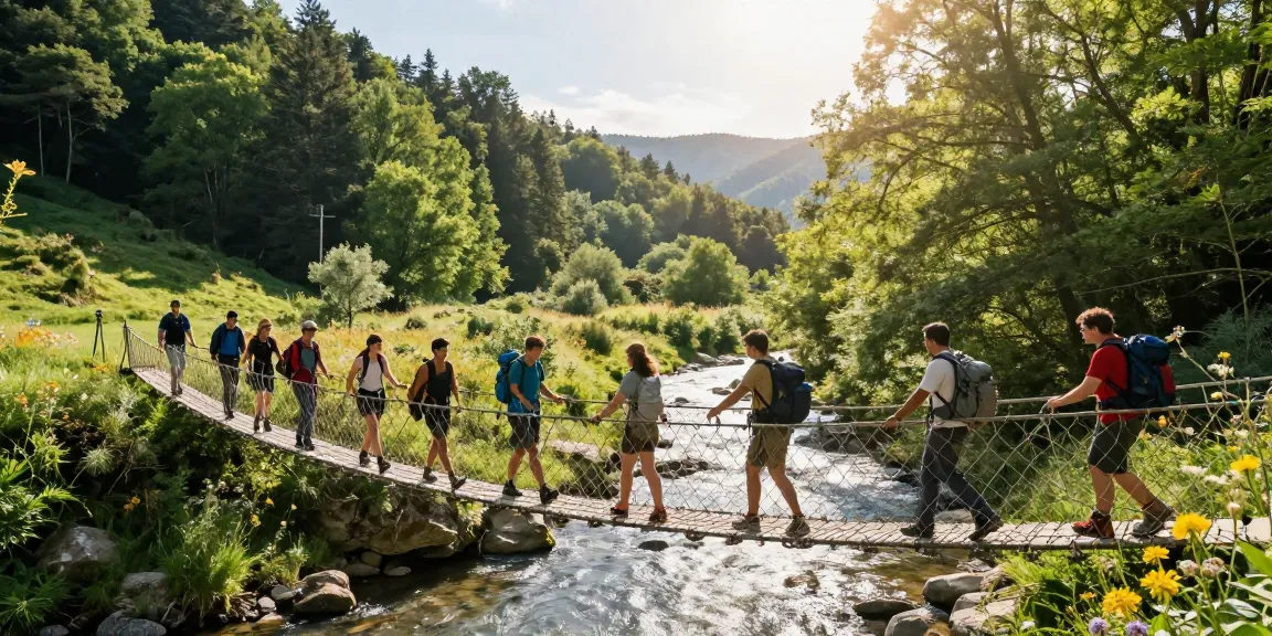 Adventurous group crossing a river rope bridge amidst lush greenery, showcasing teamwork and vibrant nature.