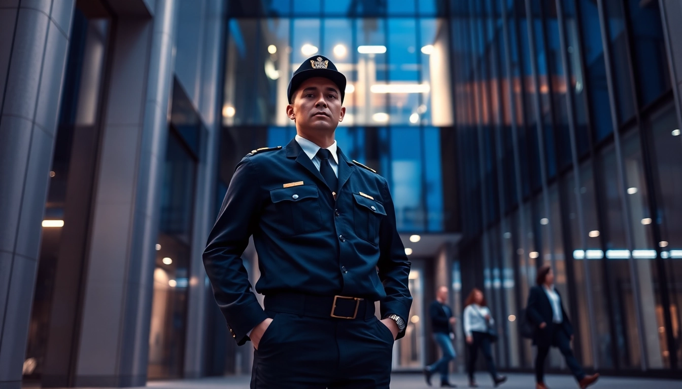 Security guard monitoring a corporate building entrance, exemplifying safety and professionalism.