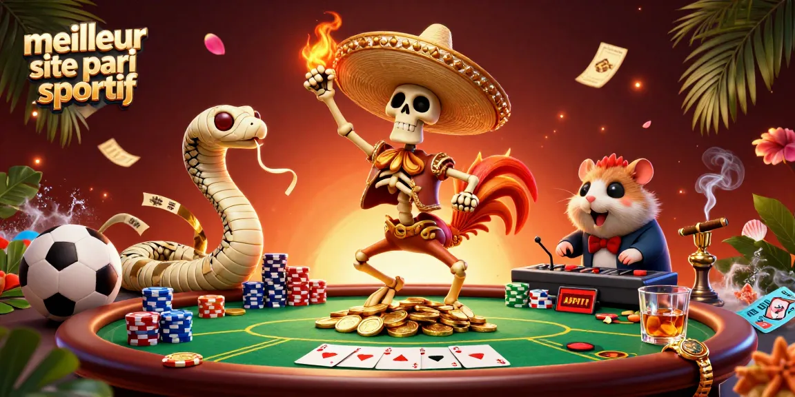 Meilleur site de pari sportif avec un rooster mariachi dansant sur des pièces d'or accompagnée d'une serpente et d'un DJ hamster.