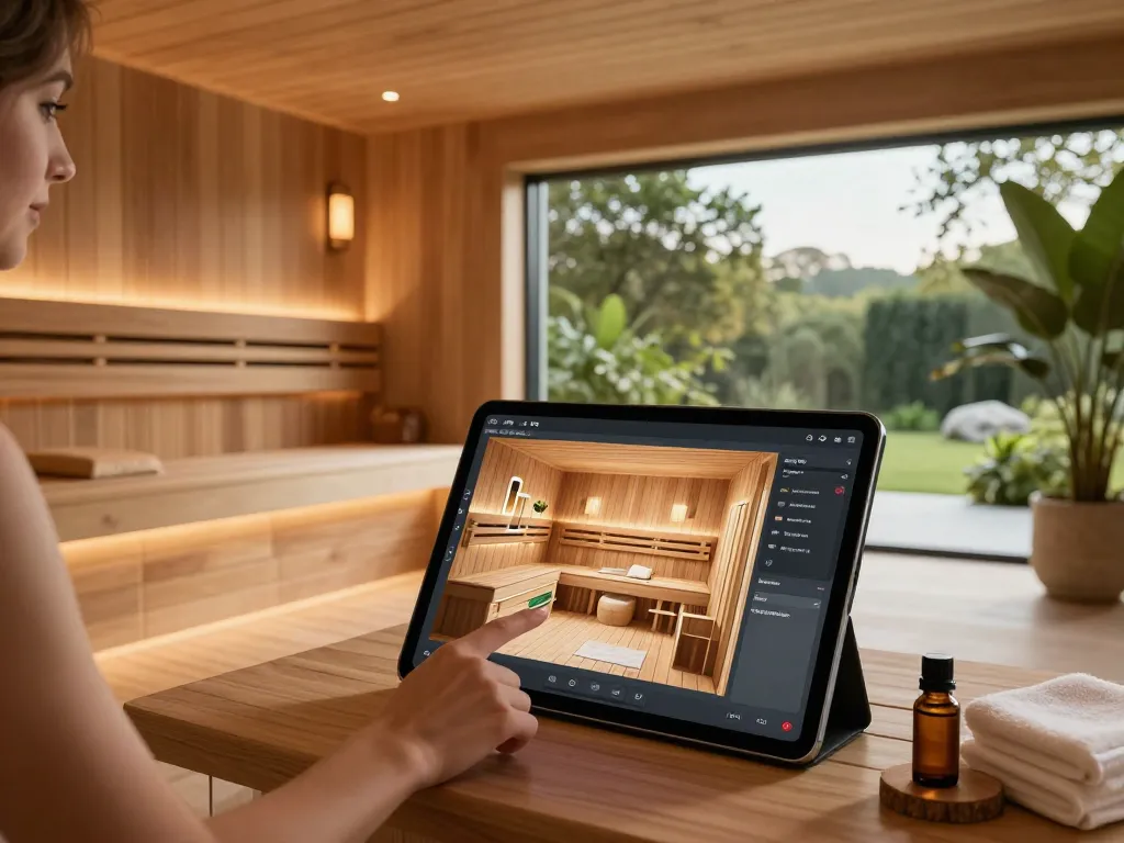 Explore a sauna 3D configurator on a tablet, showcasing customizable sauna designs in a serene modern home setup.