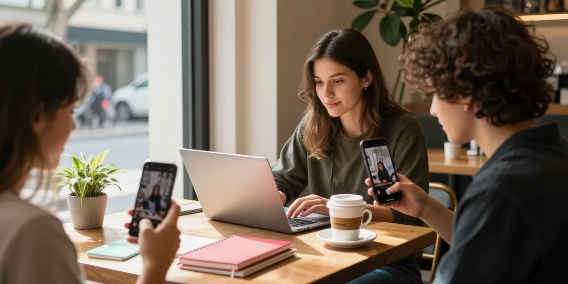 Beim Kauf von Likes für Live-Videos auf Instagram in einem modernen Café mit Influencer, Laptop und kreativen Notizen.