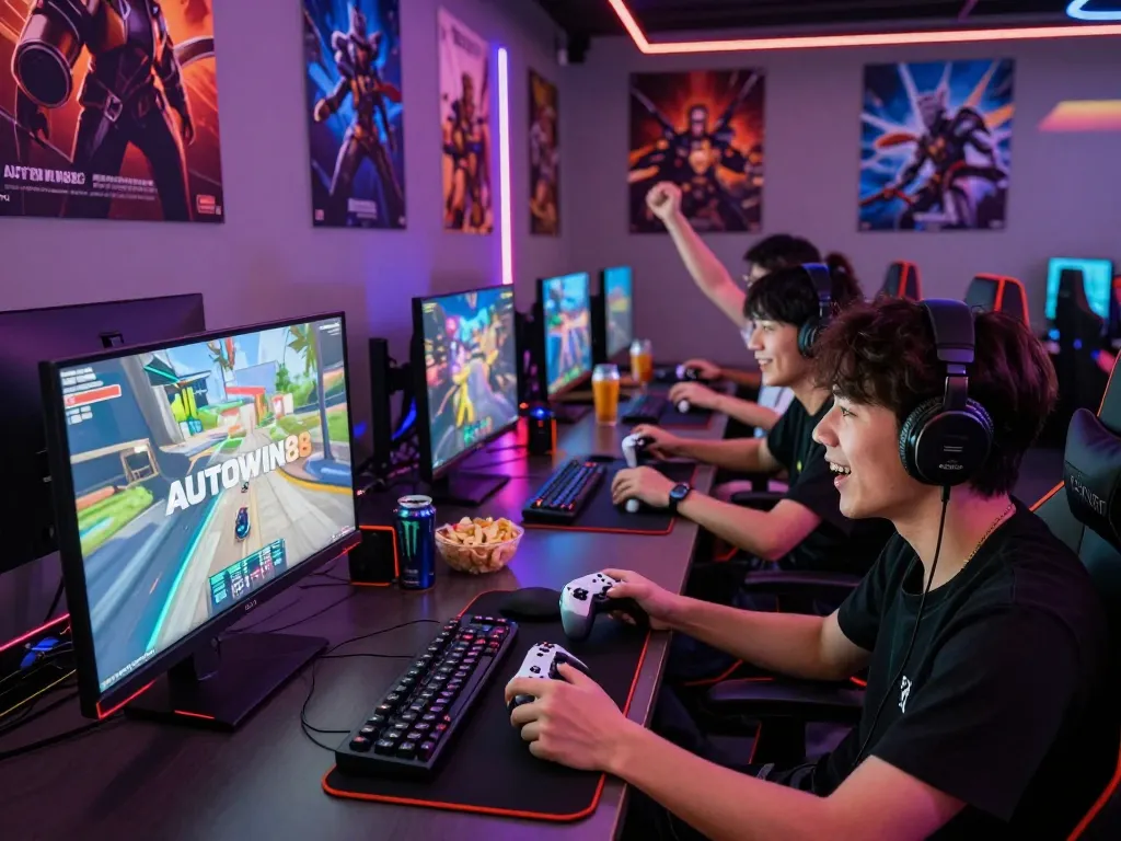 Players enjoying an exciting gaming session with autowin88 branding in a vibrant lounge atmosphere.