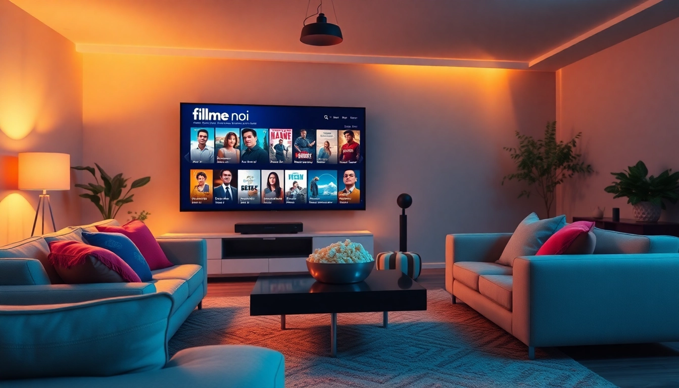 Experience cozy movie nights with new films, comfortable sofa, and popcorn in a modern living room.