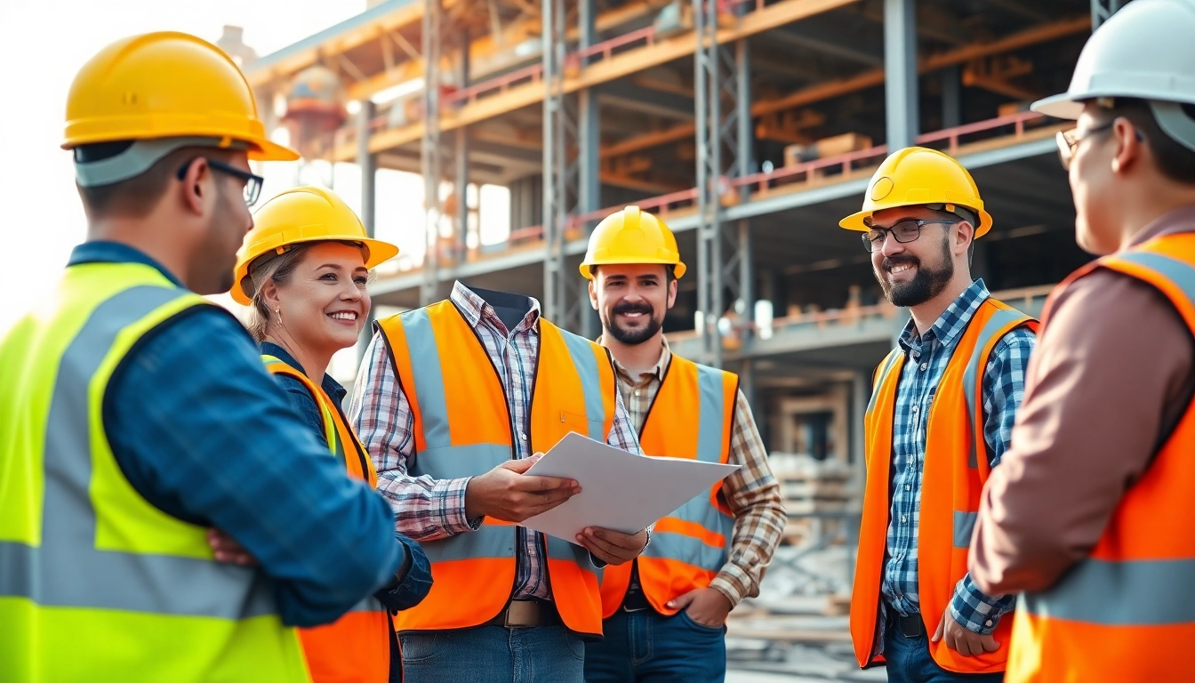 Workers engaged in construction safety programs, emphasizing teamwork and safety measures.