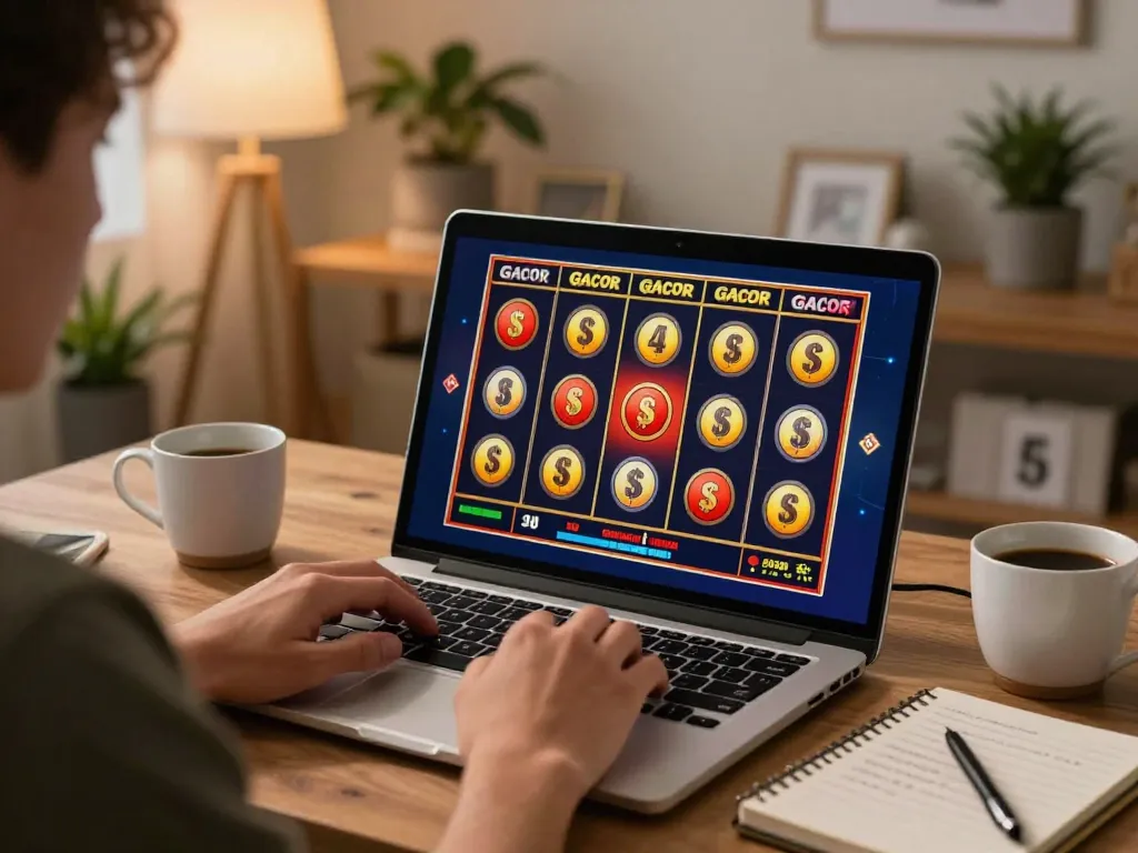 Player enjoying a slot gacor session on laptop, immersed in online gaming strategy at home.