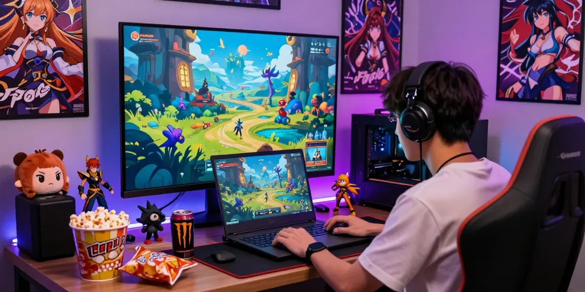 Exciting gaming scene with player engaged in a hentai game, vibrant graphics and cozy setup.