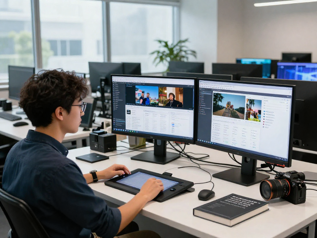 Professional analyzing AI image detector data and content moderation metrics in a modern tech workspace.