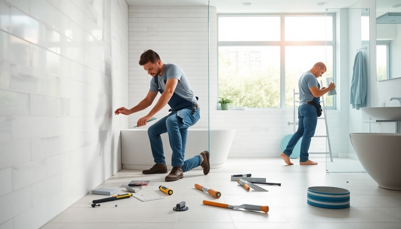 Bathroom installers expertly renovating a modern bathroom space with a stylish design.