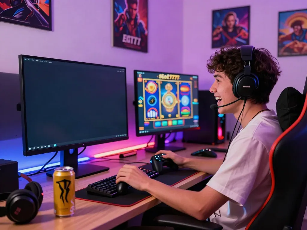 Gamer menikmati permainan slot777 dengan senang di ruang gaming modern.