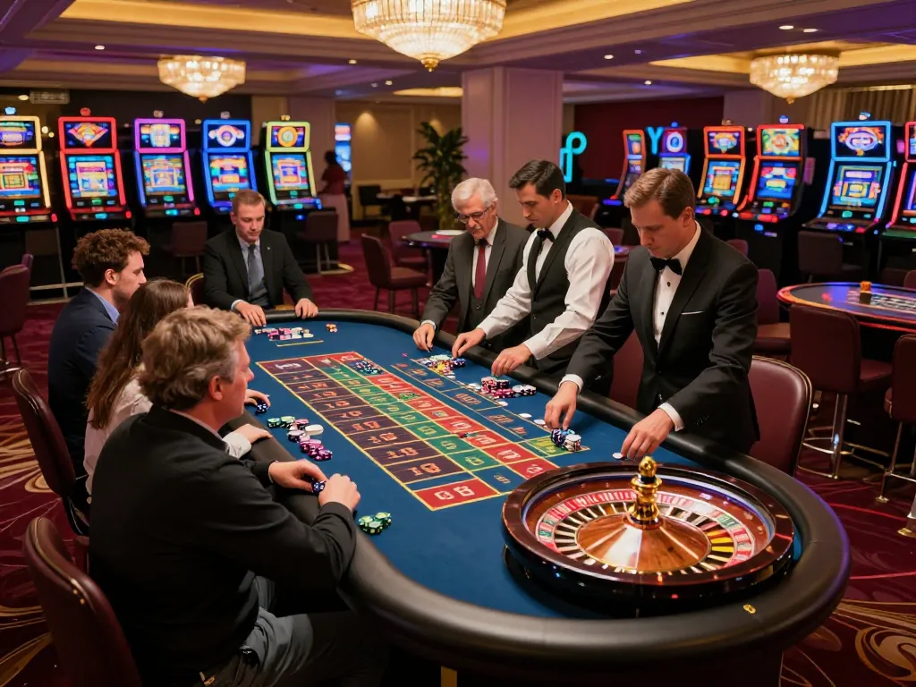 F168 players engaged in an intense roulette game at a luxurious casino table with vibrant atmosphere