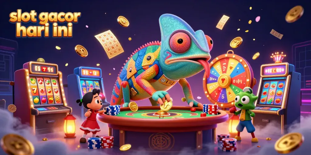 Visualisasi menarik tentang slot gacor hari ini dengan karakter chameleon di kasino, simbol jackpot, dan efek visual kaya.
