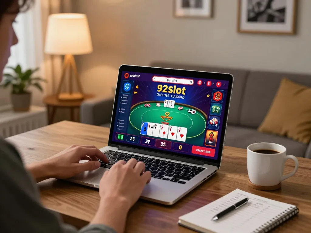 Engaging with 92slot online casino app in a cozy home setup, focusing on strategic play.