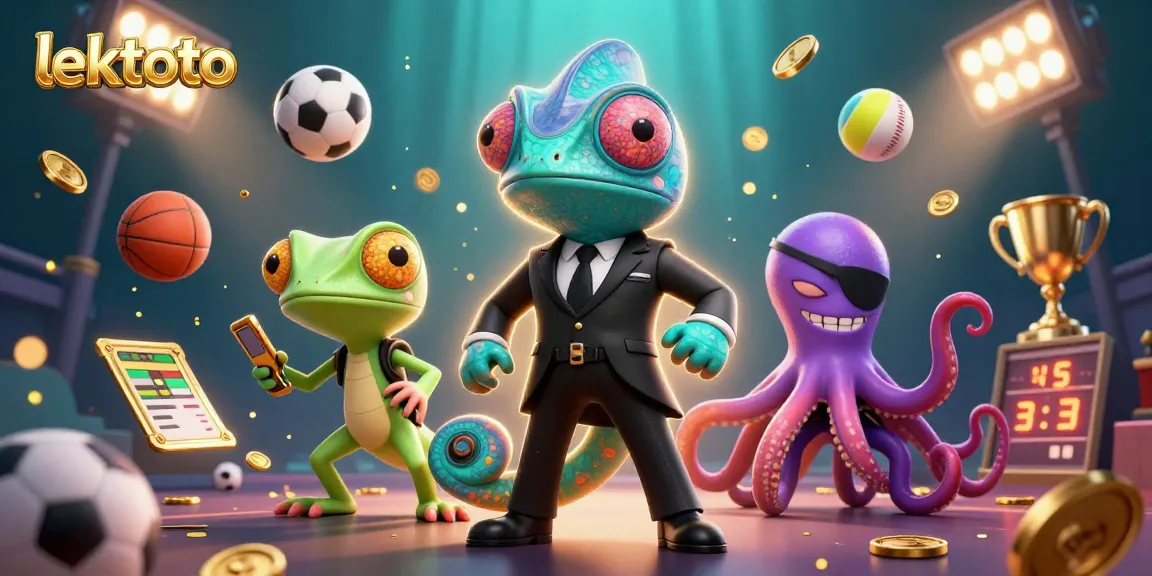 Lektoto sports betting scene with 3D agent chameleon, gecko, and octopus surrounded by dynamic game elements