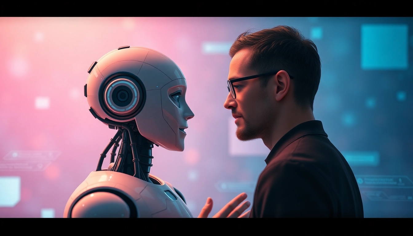 Engaging AI-driven virtual interaction scene highlighting ai sex themes with futuristic humanoid robot.