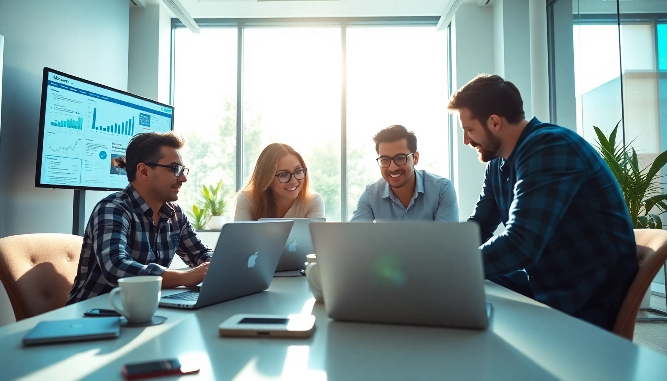 Engaging social media marketing edmonton team collaborating in a dynamic office environment.